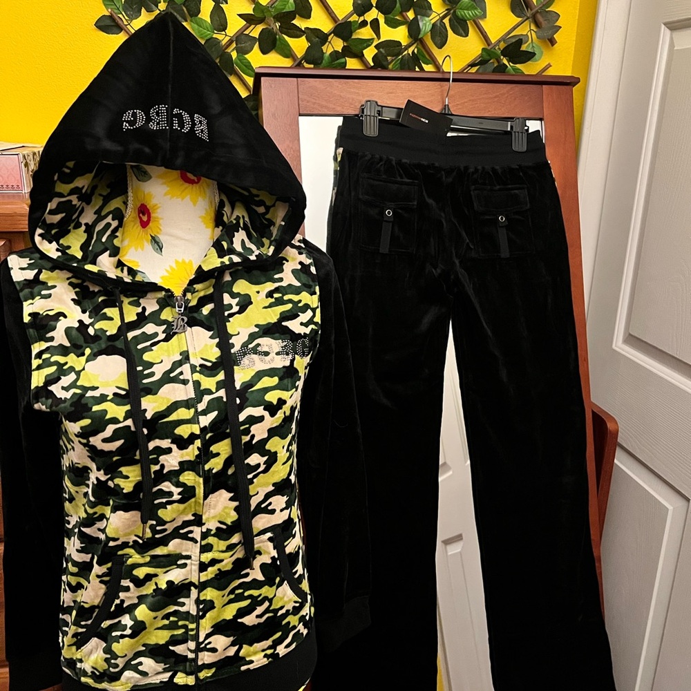 BCBG Black Velvet Track Pants with Green Camo Hoodie Set